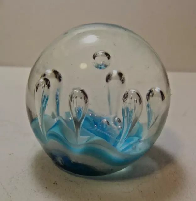 Art Glass hand blown Paperweight Controlled Bubble Blue clear