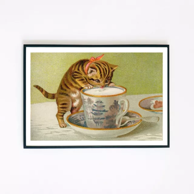 Vintage Katze Teetasse Gemälde Illustration 7x5 Retro Wanddekor Bildende Kunst Druck