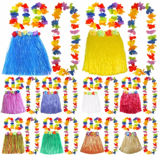 Short 40Cm Hawaiian Hula Skirt And 4 Pc Lei Set Ladies Luau Fancy Dress Costume