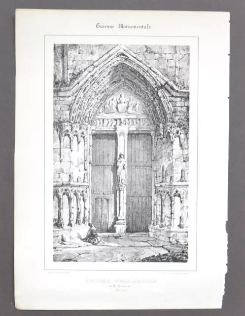 Lithographie Originale XIXème - Église Collégiale de St Émilion - Gironde