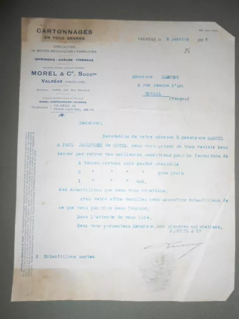 ancienne lettre Valréas Vaucluse cartonnages Morel et Cie 1927