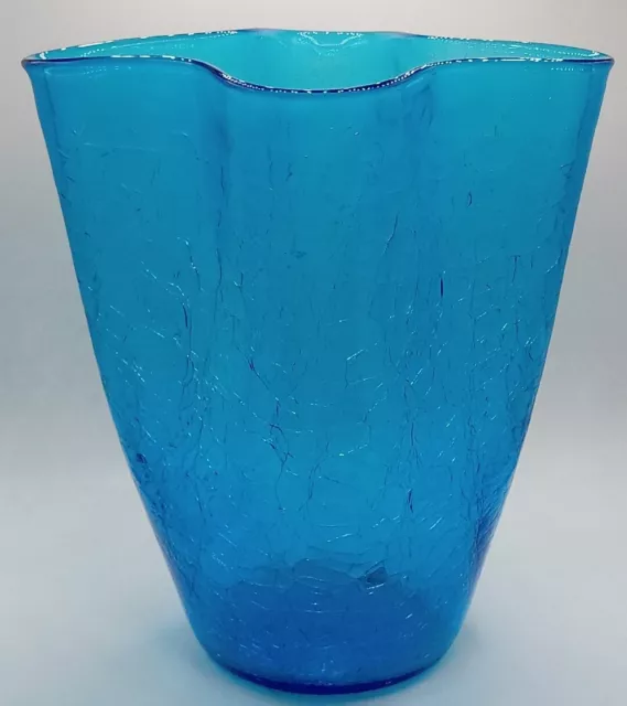 Mid Century Vintage Blenko Style Crackle Art Glass Hand Blown Blue Vase 11 Inch