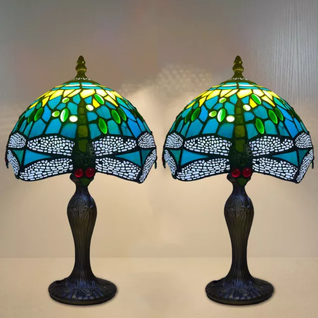 Tiffany Style Stained Glass Pair of Dragonfly Table Lamp w/Alloy Base 10" Shade