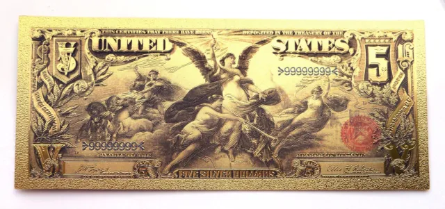 Five Silver Dollars Gold Foil Bank Note ~ Brand New ~ Must See!