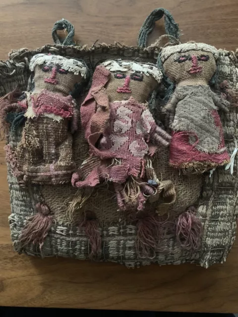 Antique Chancay preColumbian Triple Dolls Folk Art Peru Burial Doll Textile Used