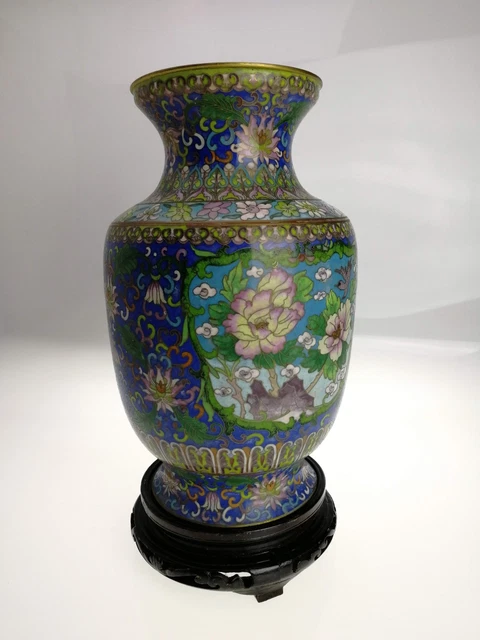 1970s Chinese Cloisonné Hand Painted Vase with Flower Motifs For Sale