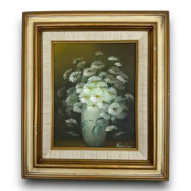 Vintage Nancy Lee Oil On Canvas Painting Daisies Vase Still Life Signed Framed