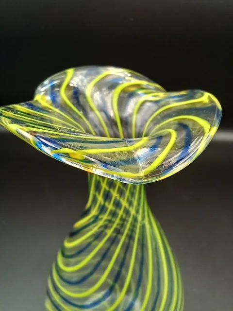 Vintage Hand Blown Art Glass Ruffled Edge Blue & Yellow Swirl Bud Vase, Delicate