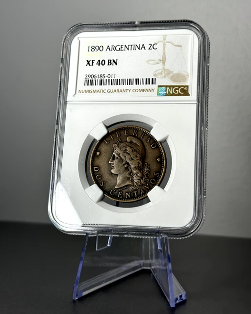 1890 Argentina 2 Centavos Coin NGC Certified XF40 BN