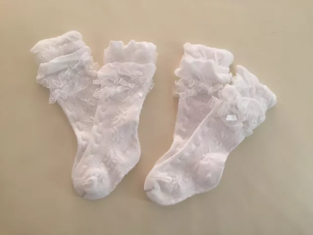 2 pairs Newborn Girl Princess Ballerina Christening Dress Socks White 0-12 mos