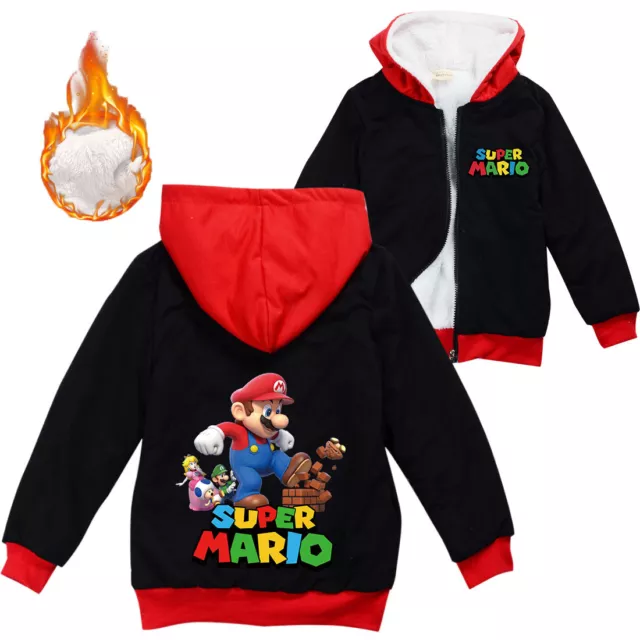 Super Mario Kinder Hoodie Jacke Jungen Mädchen Gebürstet Vlies Top Kapuze Winter