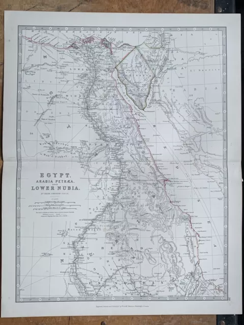 1880 Egypt & Lower Nubia Hand Coloured Original Antique Map By Johnston