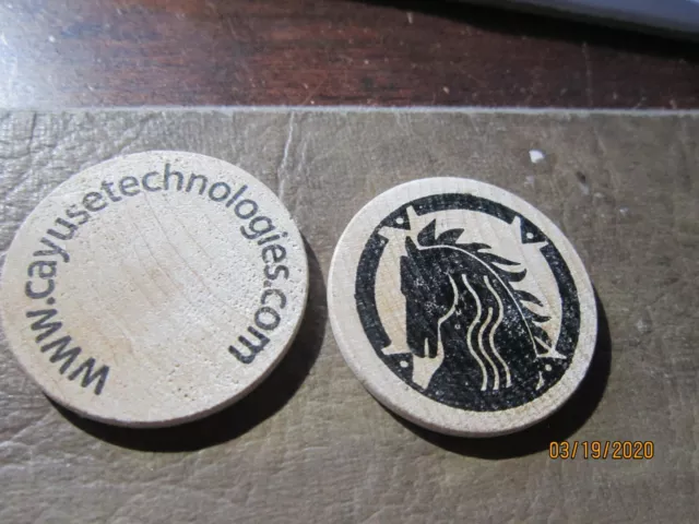 2 CAYUSE TECHNOLOGIES  wood coin TROJAN HORSE VINTAGE Collectors Item