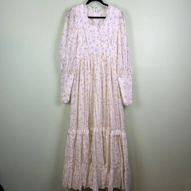 VTG 70s Gunne Sax SZ 13 Long White Purple Orange Floral Lace Trim Prairie Dress