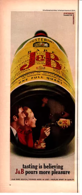 1968 J&B Rare Blended Scotch Whisky Vintage Print Ad Ephemera 5.5" W x13.5" Tall