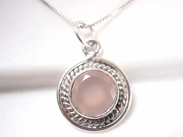 Faceted Rose Quartz Round 925 Sterling Silver Pendant w/ Rope Style Highlights