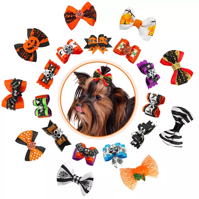 20/100pcs Dog Hair Bows with Rubber Bands Halloween Pet Cat Headdress Grooming