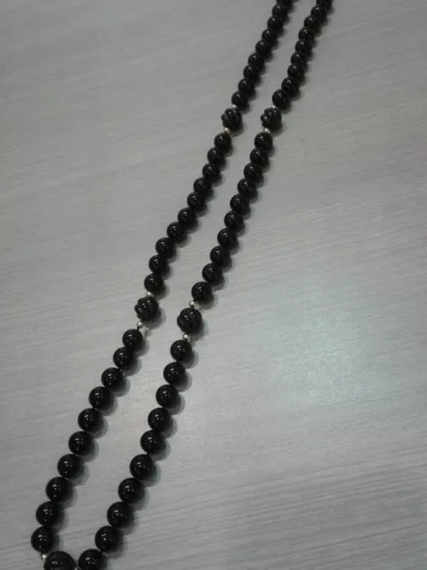 black onyx beaded necklace, gold filled spacer beads and clasp, 30", knotted