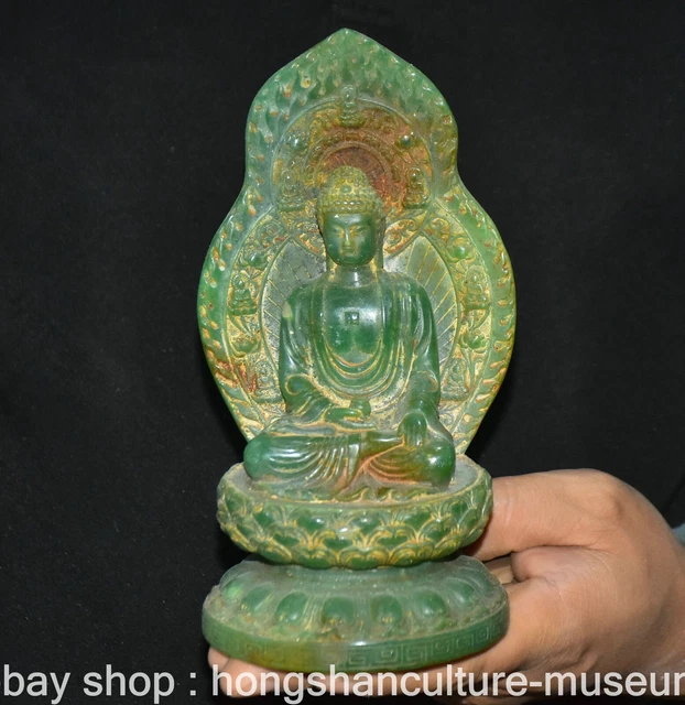 7.2" Rare Chinese Natural Green Jade Carving Sakyamuni Buddha Statue Sculpture D