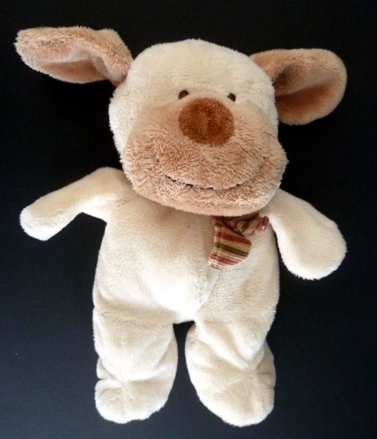 *. DOUDOU PELUCHE NICOTOY CHIEN écru marron écharpe rayée 24cm - ETAT NEUF*