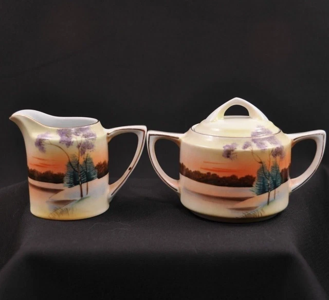 Meito Creamer & Covered Sugar Set Hand Painted Japan Tree in Meadow 1921-30's