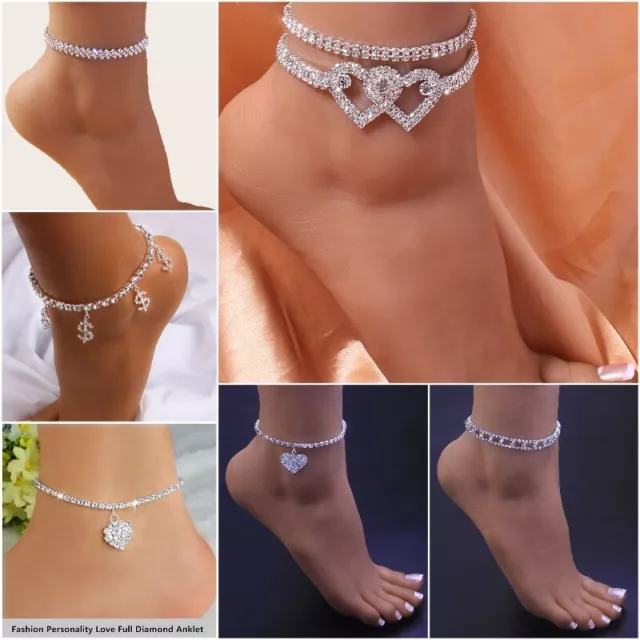 Women Anklet Bracelet Silver Gold Heart Crystal Ankle Foot Chain Jewelry Gifts