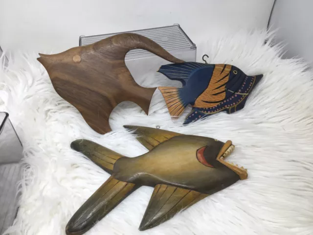 Wooden Carved Painted  Fish Beach Coastal Seaside Decor 12”x9” Lot of 3 USA