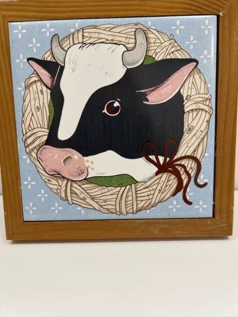 Hanging Wood Framed Holstein Cow Tile Trivet Farmhouse Country Cattle Folk Decor