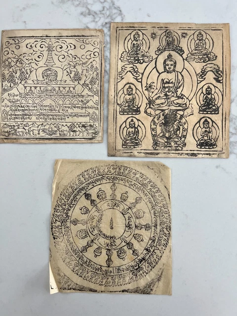 VINTAGE MONGOLIAN TIBETAN BUDDHIST WOODBLOCK AMULET  PRINTS 3 pc