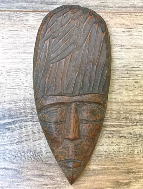 African Hand Carved Wood Tribal Mask Wall Décor Art Face Carving Vintage Estate