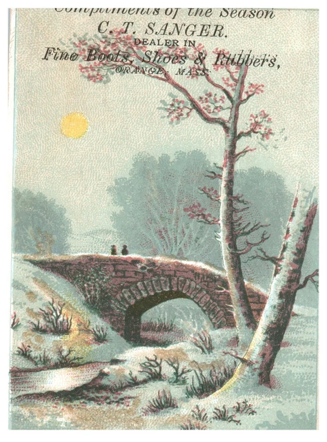 Antique Trade Card Victorian C.T. Sanger Fine Boots Shoes & Rubbers Orange MA M4