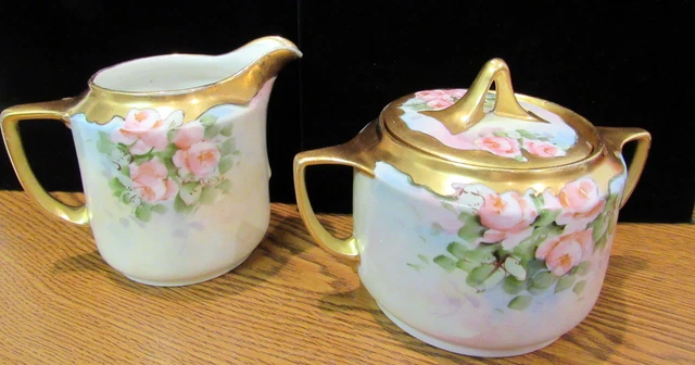 Antique Striegau Silesia Cream And Sugar With Lid 24K Gold Trim