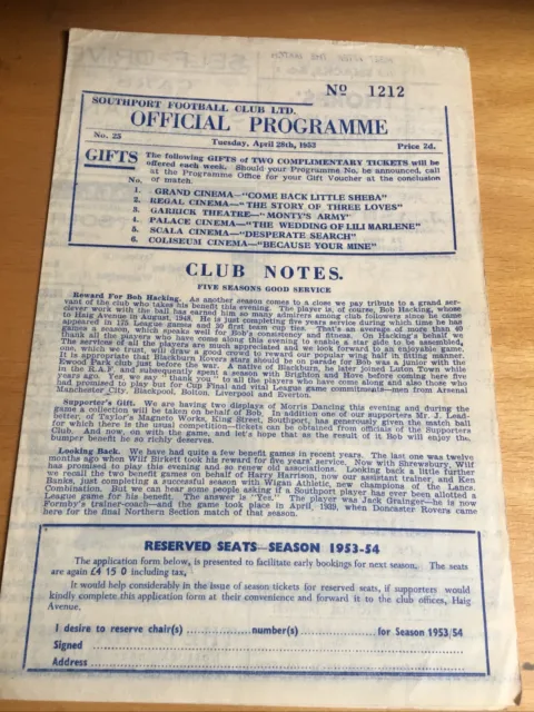 Southport  V  Selected X1   Bob Hacking Testimonial     1952/53    28 April 1953