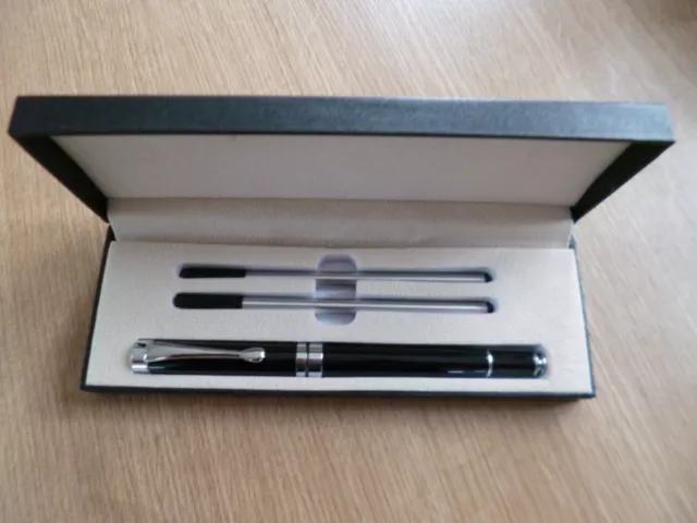 Pen Set Refill fitted + 2 Extra Refills in box - Black/Silver Pen - Black Ink