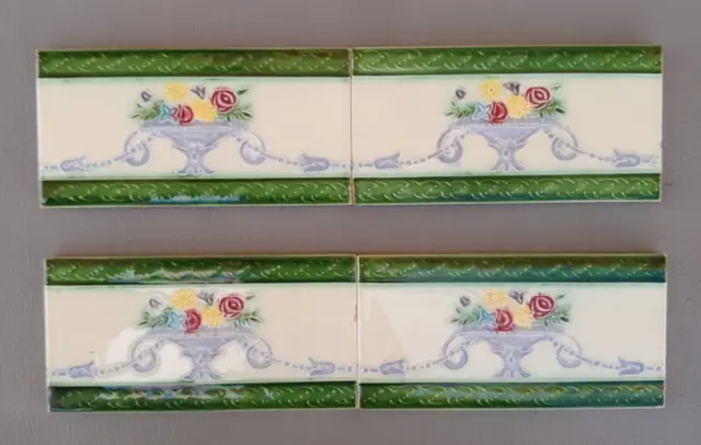 antique orig. unused majolica floral ceramic JAPAN DK border tile 4pcs lot 6x3"