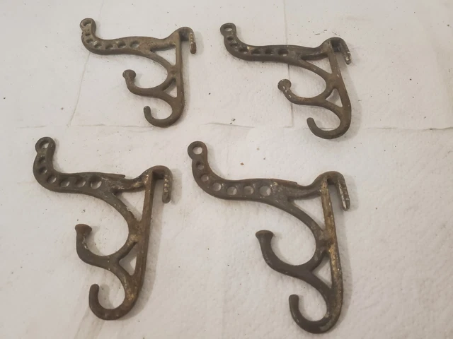 4 small cast iron coat hat hooks 5" tall store display ornate 5