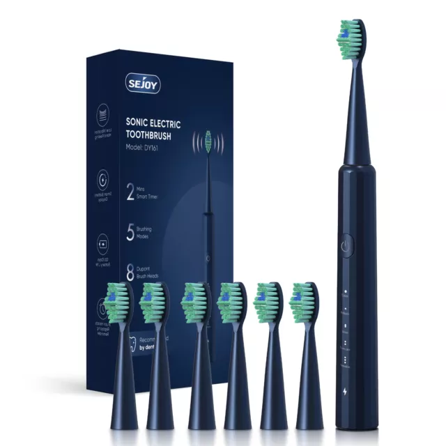 SEJOY Sonic Electric Toothbrush USB Rechargeable 5 Modes 8 Duponts Brush Heads