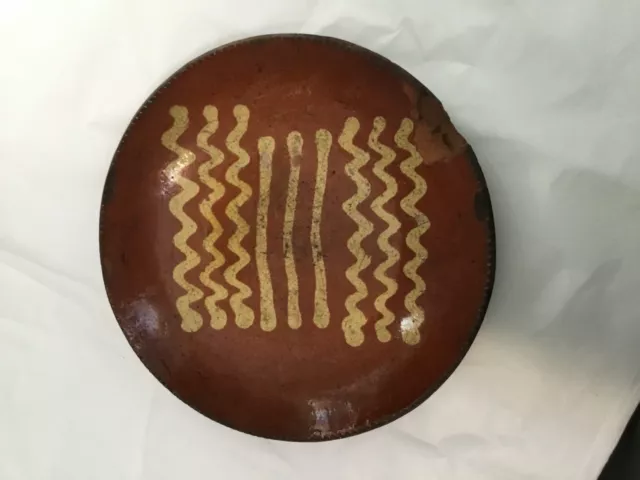AMERICAN REDWARE POTTERY PLATE ,PA 19th Century SLIP DECORATED