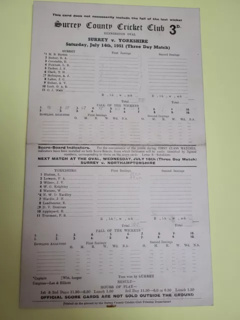 Surrey v Yorkshire ~ Cricket Scorecard 1951 ~ @ Kennington Oval Free Postage