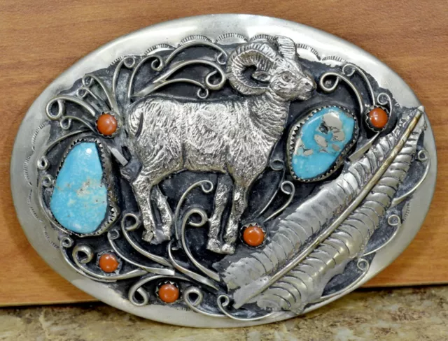 Native American Sterling Silver Turquoise & Coral Ram Belt Buckle  20150821