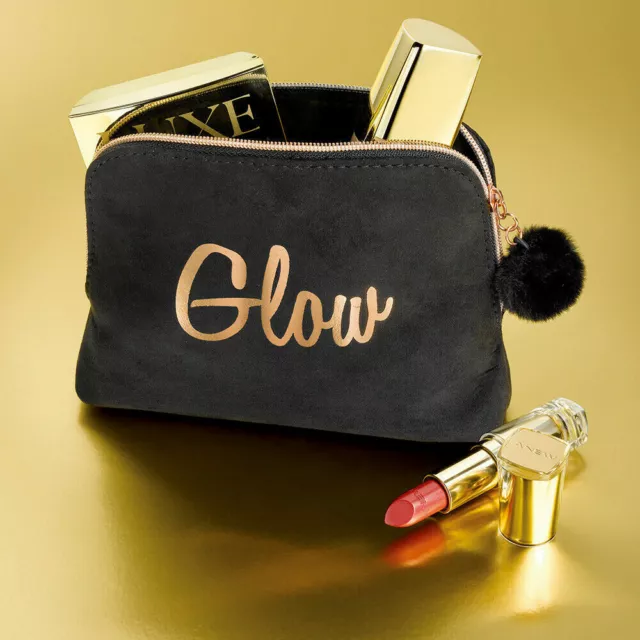 Avon Black Faux Suede Glow Slogan Cosmetics Make-Up Bag  Glam & Beautiful BNIB