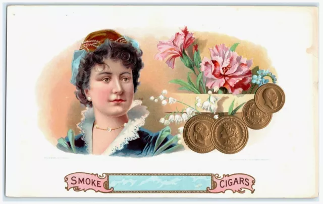 Smoke Cigars Inner Lid Cigar Box Label Embossed Young Woman Coins Floral Pink