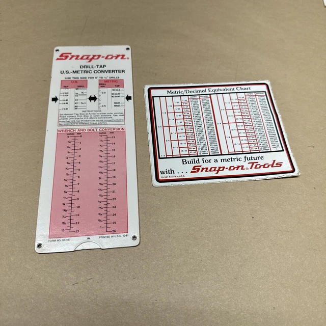 VINTAGE SNAP-ON CONVERSION Chart Drill Tap Metric Converter 1981 ...