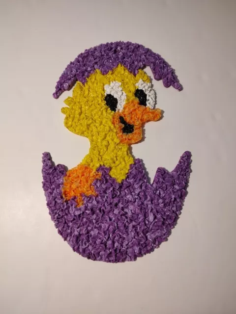 Vintage Melted Plastic Popcorn Easter Duck Purple Egg Wall Hanger 16" Grannycore