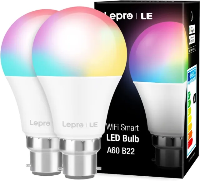 Lepro A60 B22-2 Stck.-RGB + CCT WiFi Smart LED Glühbirne, 806 lm, 9 W, funktioniert mit Alexa & Google