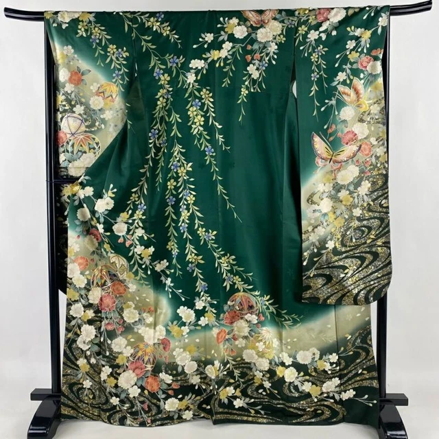 Woman Japanese Kimono Furisode Silk Weeping CherryBlossom Temari Foil DarkGreen