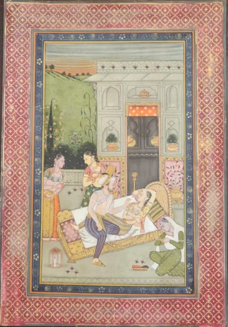 Antique islamic mughal miniature painting depecting mughal emperor