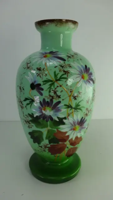 Antique Vase Hand Painted Victorian Era Green Milk Glass Floral Interior Design