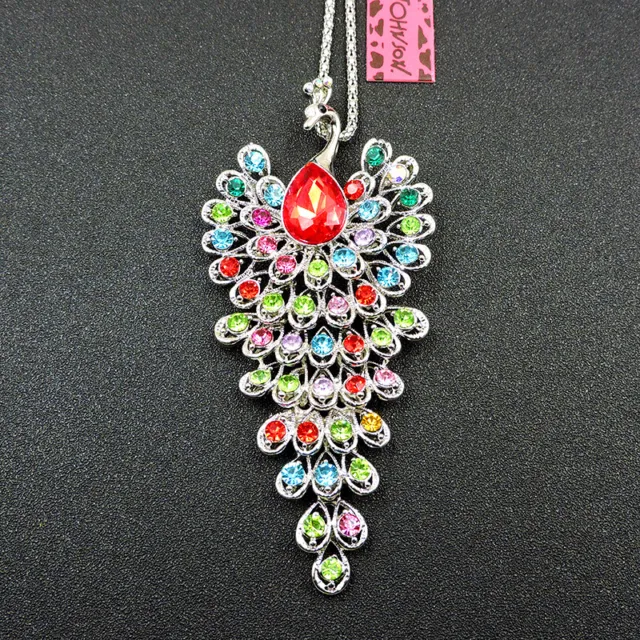 Multi-Color Crystal Rhinestone Peacock Pendant Betsey Johnson Long Necklace
