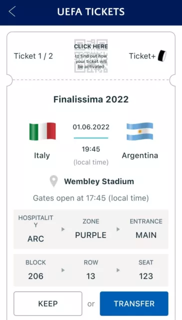2 Biglietti FINALISSIMA UEFA 2022 ITALIA - ARGENTINA, JUNE 1, WEMBLEY STADIUM